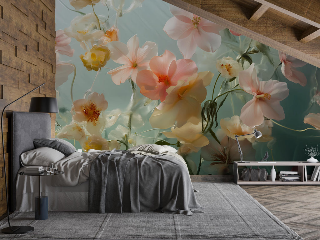 3D Floral Wall Mural – Elegant Flower Wallpaper for Bedroom | Pastel Botanical Decor | Modern Peel & Stick Art | Stylish Gift for Her