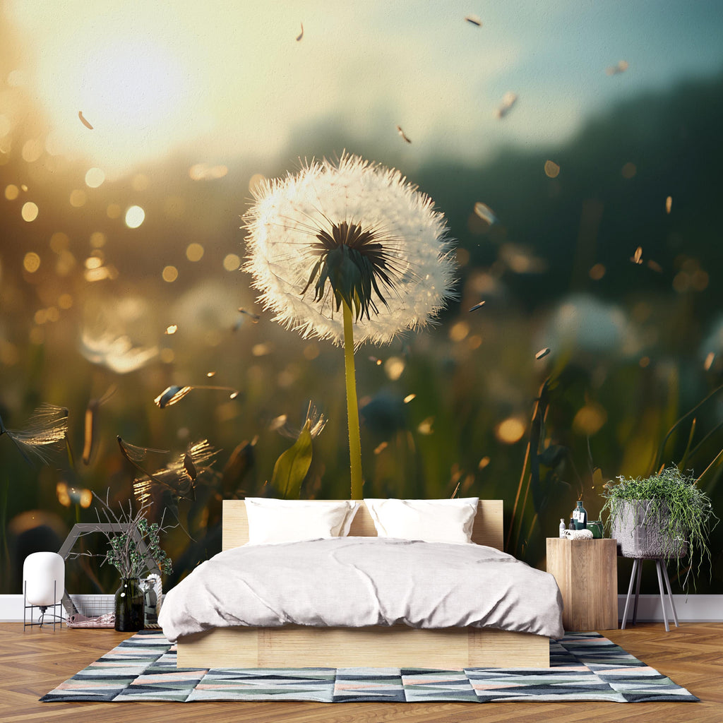 3D Dandelion Wall Mural – Nature Wallpaper for Bedroom | Modern Peel & Stick Botanical Art | Serene Decor Gift | Custom Photo Mural