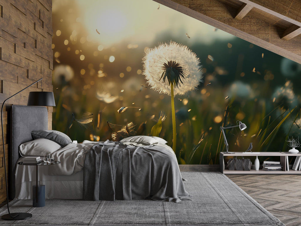 3D Dandelion Wall Mural – Nature Wallpaper for Bedroom | Modern Peel & Stick Botanical Art | Serene Decor Gift | Custom Photo Mural