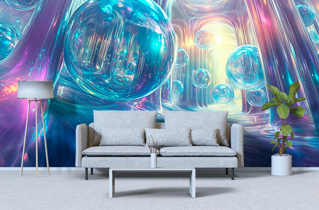 3D Futuristic Glass Bubble Wall Mural | Modern Stylish Room Decor | Luxury 3D Effect Wallpaper | Unique Art Wallcovering | Living Room