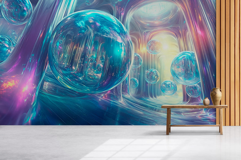 3D Futuristic Glass Bubble Wall Mural | Modern Stylish Room Decor | Luxury 3D Effect Wallpaper | Unique Art Wallcovering | Living Room