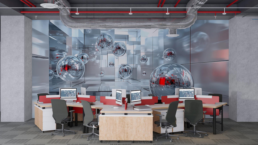3D Futuristic Mirror Sphere Office Mural - Modern Abstract Decor - Stylish Wall Art for Home Office, Study, Business Spaces - Unique Birthda