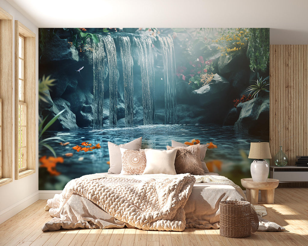 3D Waterfall Koi Pond Bedroom Mural - Tranquil Nature Wall Art - Modern Home Decor for Relaxation - Stylish Gift for Birthday or Holidays
