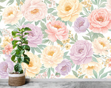 Load image into Gallery viewer, Pastel Peony Wallpaper Mural – Hand-Painted Watercolor Spring Garden Wall Art Full Bloom Floral Wall Decor for Bedroom Event Backdrop 737RS