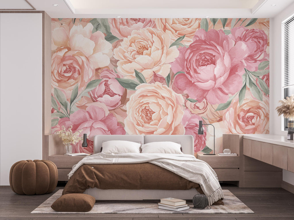 Pastel Peony Wallpaper Mural – Hand-Painted Watercolor Spring Garden Wall Art Full Bloom Floral Wall Decor for Bedroom Event Backdrop 738RS