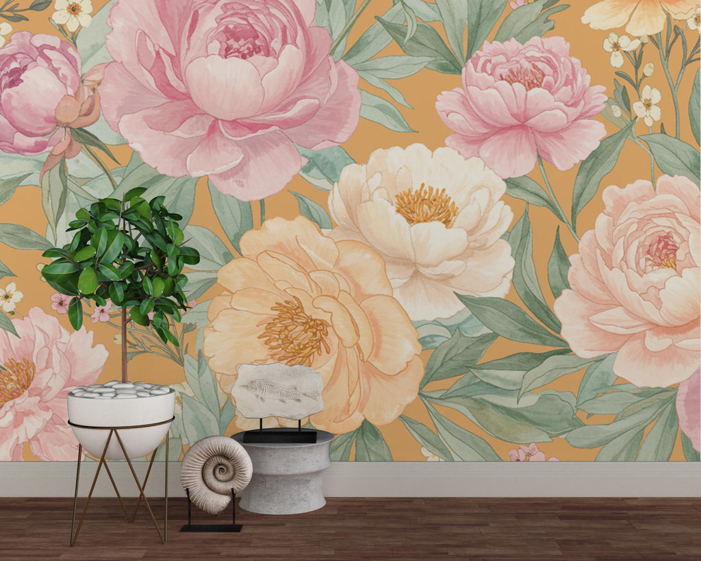 Pastel Peony Wallpaper Mural – Hand-Painted Watercolor Spring Garden Wall Art Full Bloom Floral Wall Decor for Bedroom Event Backdrop 739RS