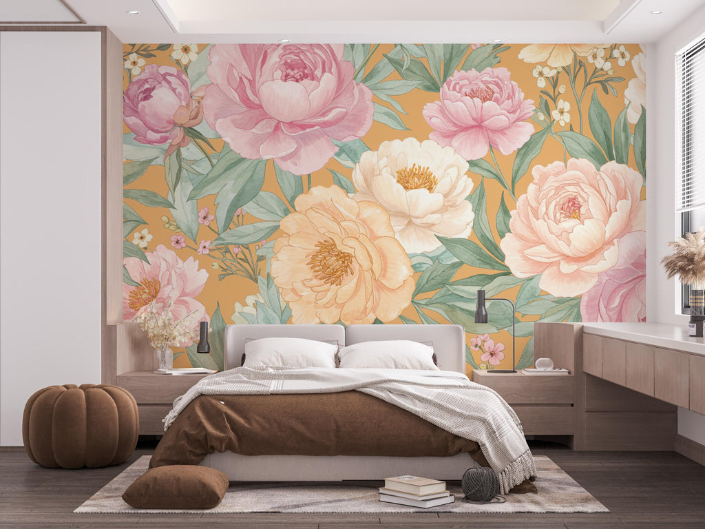 Pastel Peony Wallpaper Mural – Hand-Painted Watercolor Spring Garden Wall Art Full Bloom Floral Wall Decor for Bedroom Event Backdrop 739RS