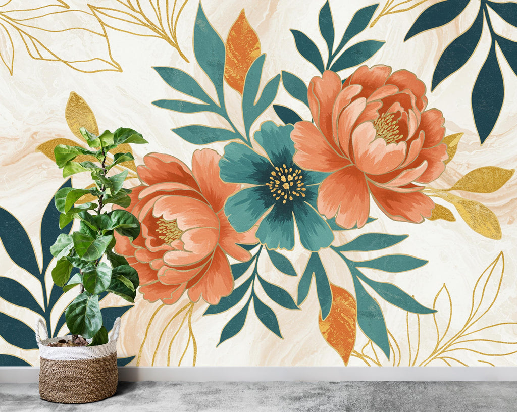 Peony Wallpaper – Abstract Floral Wall Mural with Acrylic Style Cutouts, Metallic Blue & Teal Leaves, Gold Line Art White Background 740RS