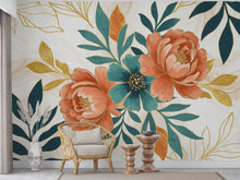 Load image into Gallery viewer, Peony Wallpaper – Abstract Floral Wall Mural with Acrylic Style Cutouts, Metallic Blue &amp; Teal Leaves, Gold Line Art White Background 740RS