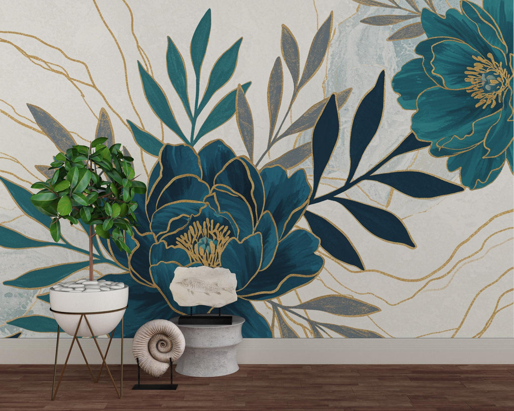 Peony Wallpaper – Abstract Floral Wall Mural with Acrylic Style Cutouts, Metallic Blue & Teal Leaves, Gold Line Art White Background 741RS