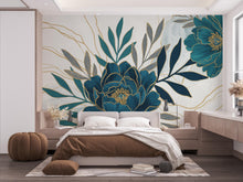 Load image into Gallery viewer, Peony Wallpaper – Abstract Floral Wall Mural with Acrylic Style Cutouts, Metallic Blue &amp; Teal Leaves, Gold Line Art White Background 741RS