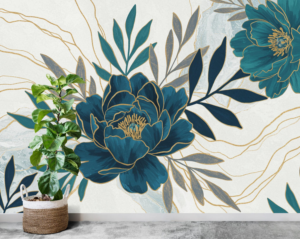 Peony Wallpaper – Abstract Floral Wall Mural with Acrylic Style Cutouts, Metallic Blue & Teal Leaves, Gold Line Art White Background 741RS
