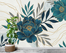 Load image into Gallery viewer, Peony Wallpaper – Abstract Floral Wall Mural with Acrylic Style Cutouts, Metallic Blue &amp; Teal Leaves, Gold Line Art White Background 741RS