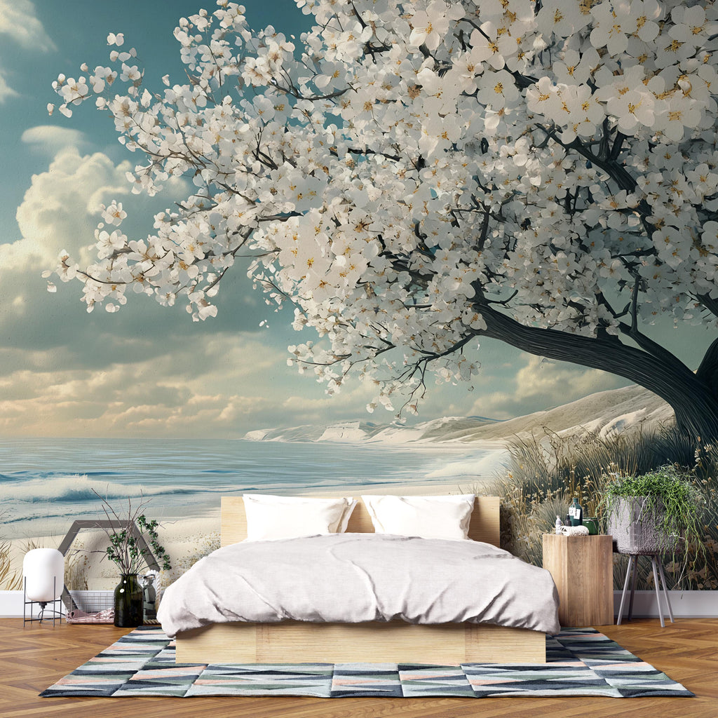 3D Cherry Blossom Ocean Bedroom Mural - Tranquil Nature Wall Art - Modern Bedroom Decor for Relaxation - Stylish Gift for Birthdays