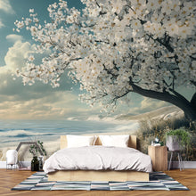 Load image into Gallery viewer, 3D Cherry Blossom Ocean Bedroom Mural - Tranquil Nature Wall Art - Modern Bedroom Decor for Relaxation - Stylish Gift for Birthdays