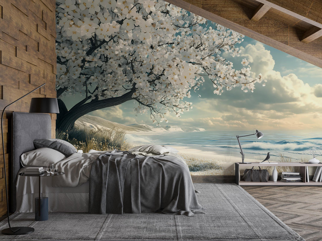 3D Cherry Blossom Ocean Bedroom Mural - Tranquil Nature Wall Art - Modern Bedroom Decor for Relaxation - Stylish Gift for Birthdays