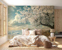 Load image into Gallery viewer, 3D Cherry Blossom Ocean Bedroom Mural - Tranquil Nature Wall Art - Modern Bedroom Decor for Relaxation - Stylish Gift for Birthdays