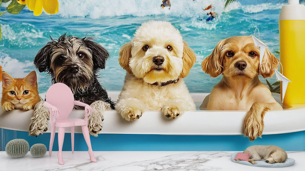 Dog Grooming Salon Wallpaper Pet Spa Decor With Dogs In Bathtub | Cute Cat And Dog Wall Mural For Groomers | Funny Pet Wash Wall Art