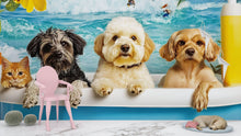 Load image into Gallery viewer, Dog Grooming Salon Wallpaper Pet Spa Decor With Dogs In Bathtub | Cute Cat And Dog Wall Mural For Groomers | Funny Pet Wash Wall Art