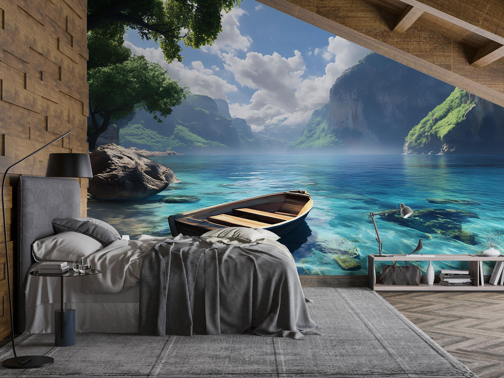 3D Coastal Boat Bedroom Mural - Modern Tranquil Wall Art - Serene Nature Decor - Stylish Gift for Birthday or Holidays