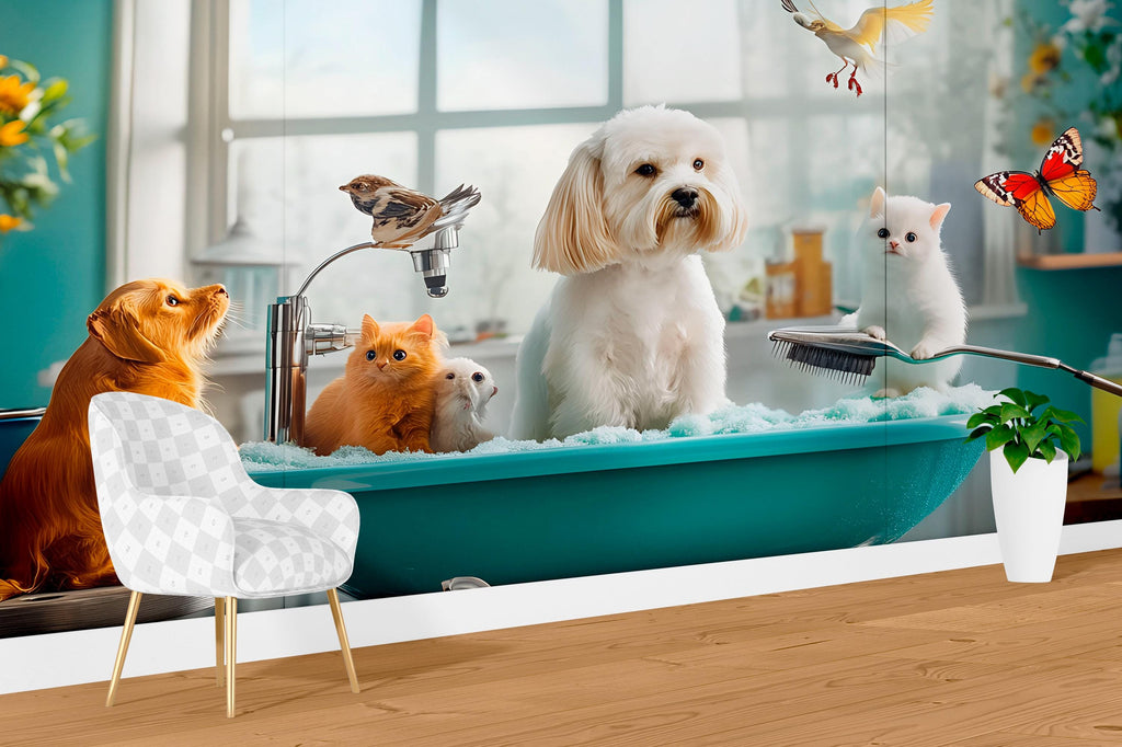Dog Grooming Spa Wallpaper With Cute Dogs Cats And Birds In Bathtub | Modern Pet Salon Wall Mural | Animal Theme Wall Art For Groomers