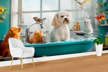 Load image into Gallery viewer, Dog Grooming Spa Wallpaper With Cute Dogs Cats And Birds In Bathtub | Modern Pet Salon Wall Mural | Animal Theme Wall Art For Groomers