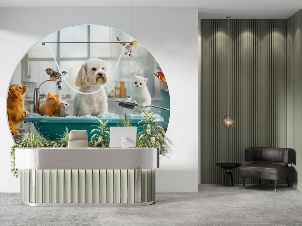 Dog Grooming Spa Wallpaper With Cute Dogs Cats And Birds In Bathtub | Modern Pet Salon Wall Mural | Animal Theme Wall Art For Groomers