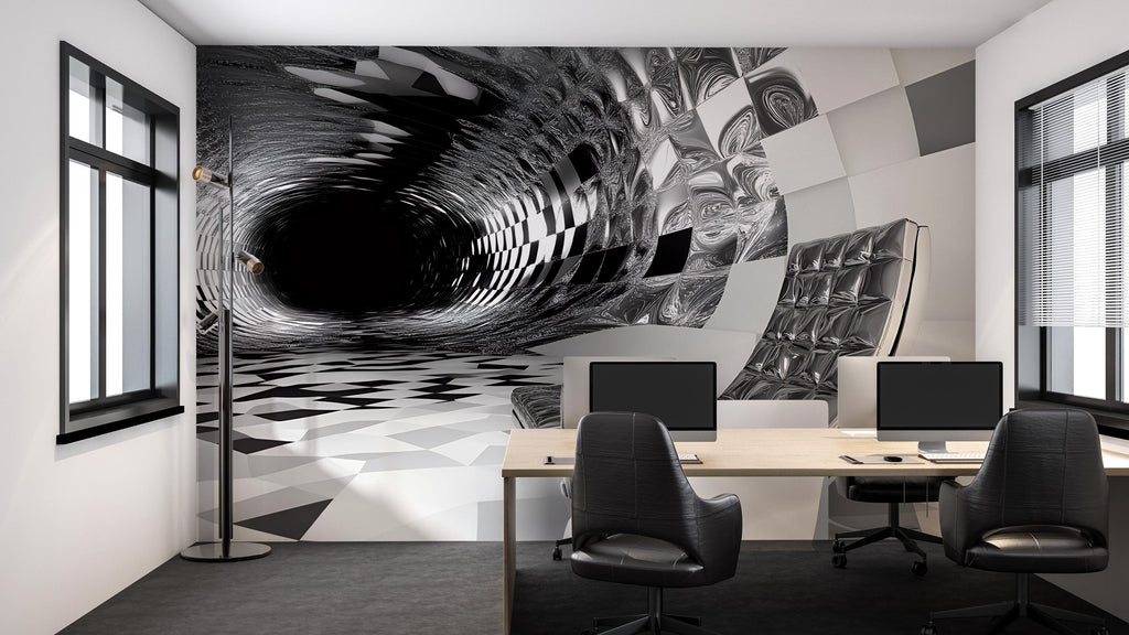3D Black and White Tunnel Mural - Modern Abstract Office Decor - Stylish Wall Art for Creative Spaces - Unique Birthday or Holiday Gift