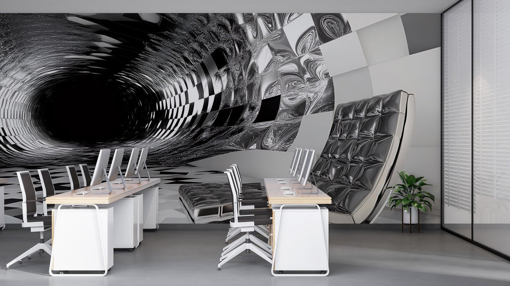 3D Black and White Tunnel Mural - Modern Abstract Office Decor - Stylish Wall Art for Creative Spaces - Unique Birthday or Holiday Gift