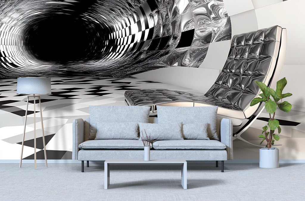 3D Black and White Tunnel Mural - Modern Abstract Office Decor - Stylish Wall Art for Creative Spaces - Unique Birthday or Holiday Gift
