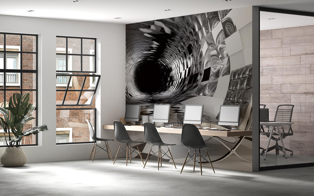 3D Black and White Tunnel Mural - Modern Abstract Office Decor - Stylish Wall Art for Creative Spaces - Unique Birthday or Holiday Gift