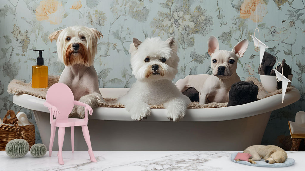 Dog Grooming Wall Mural With Cute Dogs In Bathtub And Floral Background | Vintage Pet Spa Wallpaper | Grooming Salon Decor For Pet Lovers