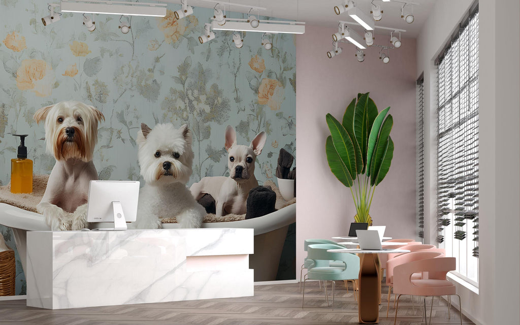 Dog Grooming Wall Mural With Cute Dogs In Bathtub And Floral Background | Vintage Pet Spa Wallpaper | Grooming Salon Decor For Pet Lovers