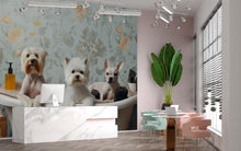 Load image into Gallery viewer, Dog Grooming Wall Mural With Cute Dogs In Bathtub And Floral Background | Vintage Pet Spa Wallpaper | Grooming Salon Decor For Pet Lovers