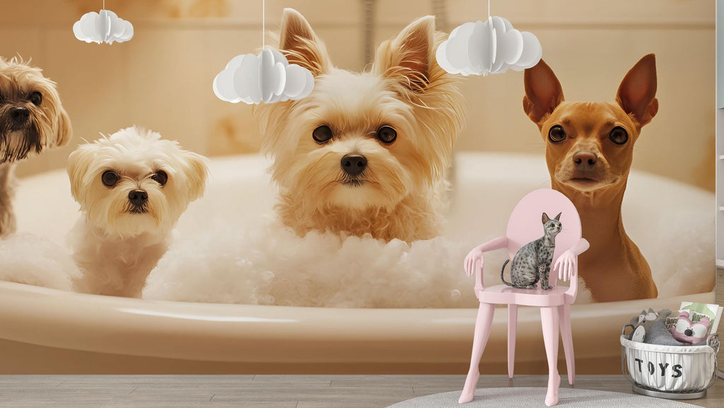 Dog Grooming Salon Wallpaper With Cute Dogs In Bubble Bath | Modern Pet Spa Wall Mural For Groomers | Stylish Animal Decor For Pet Salon