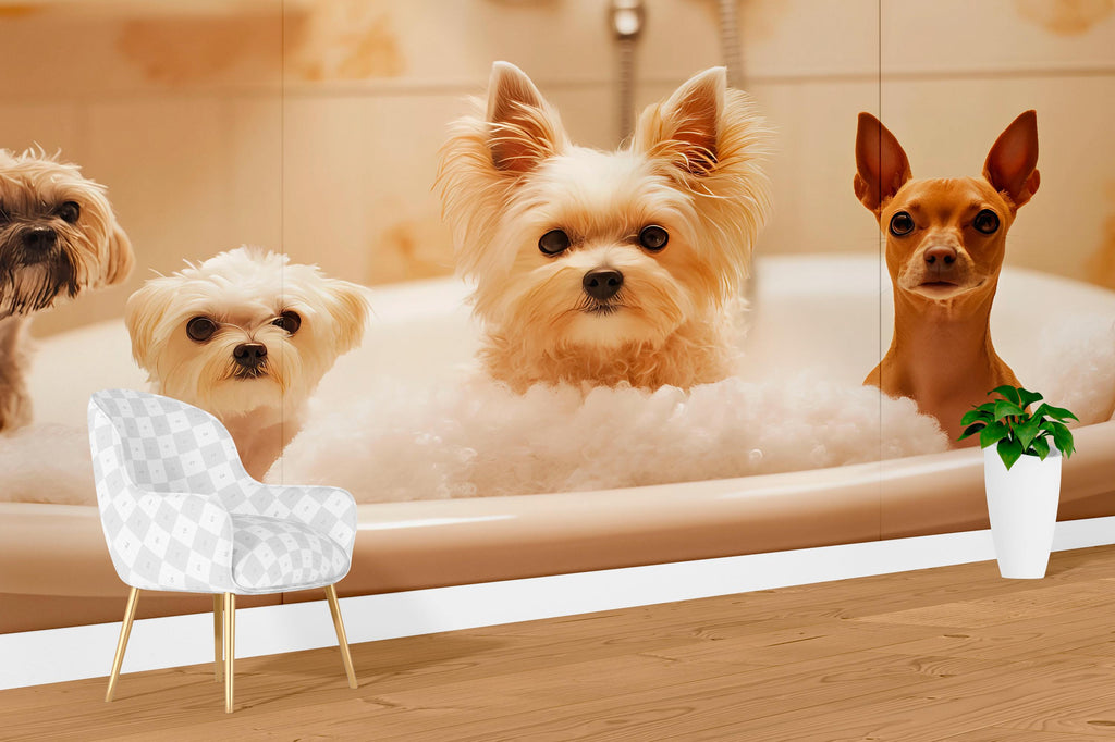 Dog Grooming Salon Wallpaper With Cute Dogs In Bubble Bath | Modern Pet Spa Wall Mural For Groomers | Stylish Animal Decor For Pet Salon