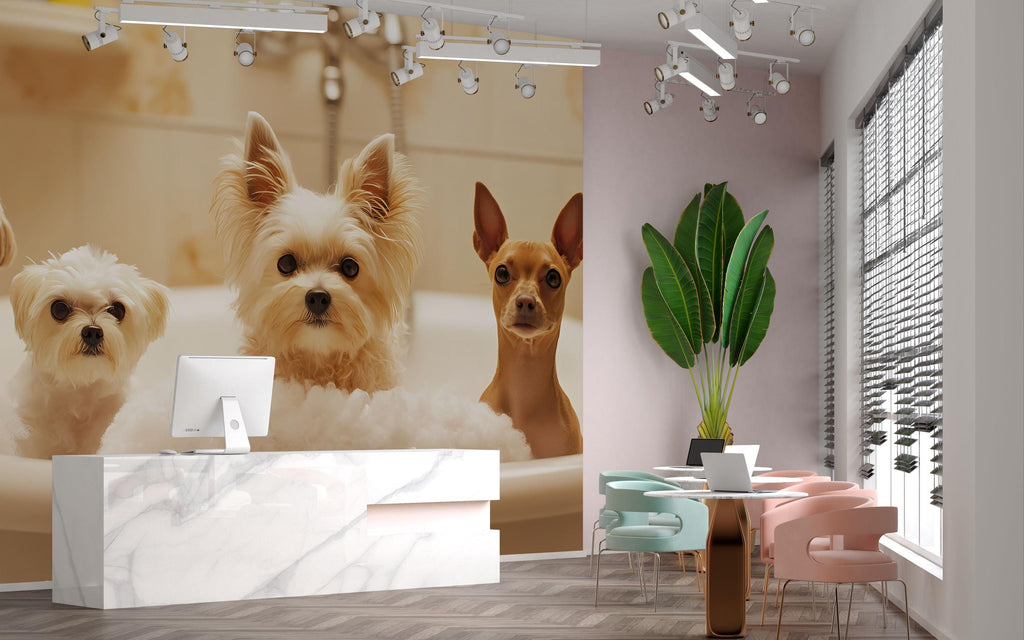 Dog Grooming Salon Wallpaper With Cute Dogs In Bubble Bath | Modern Pet Spa Wall Mural For Groomers | Stylish Animal Decor For Pet Salon