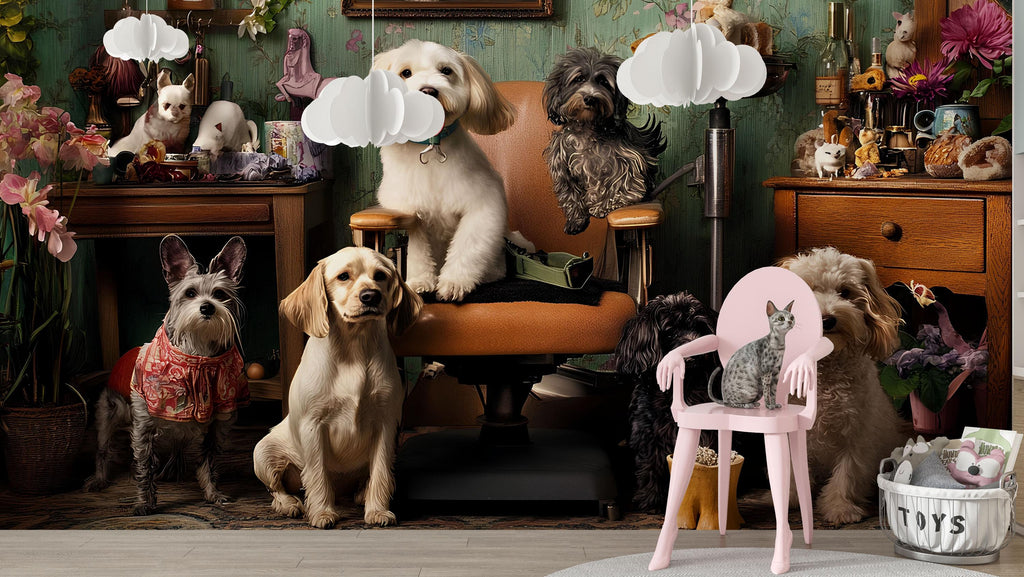 Whimsical Dog Grooming Salon Wallpaper With Vintage Decor | Funny Pet Spa Wall Mural With Cute Dogs And Cats | Groomer Decor Gift