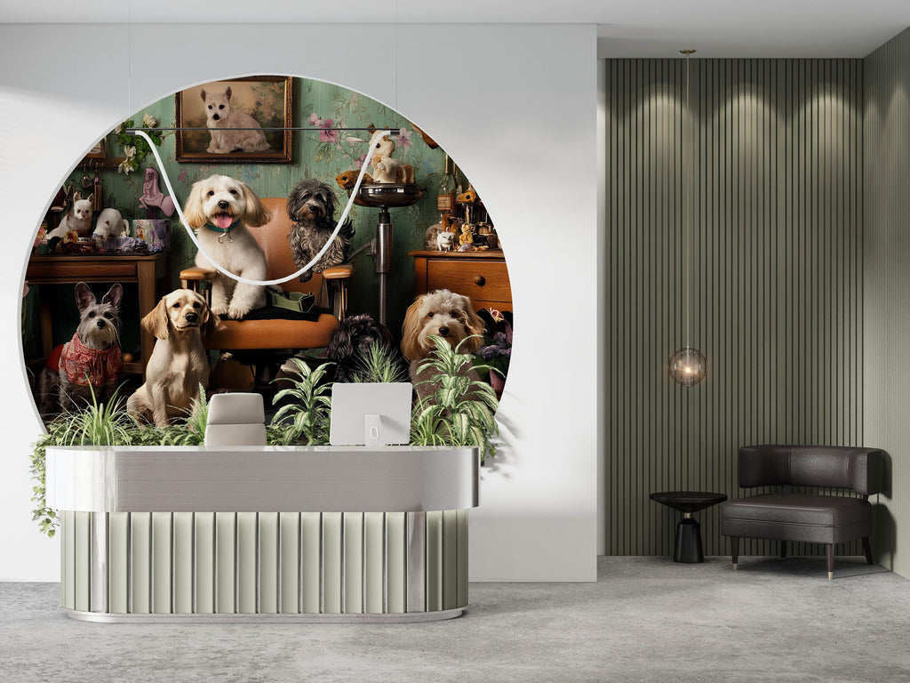 Whimsical Dog Grooming Salon Wallpaper With Vintage Decor | Funny Pet Spa Wall Mural With Cute Dogs And Cats | Groomer Decor Gift