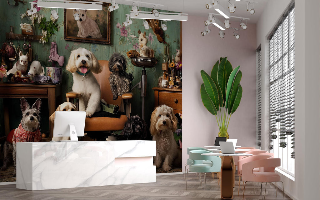 Whimsical Dog Grooming Salon Wallpaper With Vintage Decor | Funny Pet Spa Wall Mural With Cute Dogs And Cats | Groomer Decor Gift