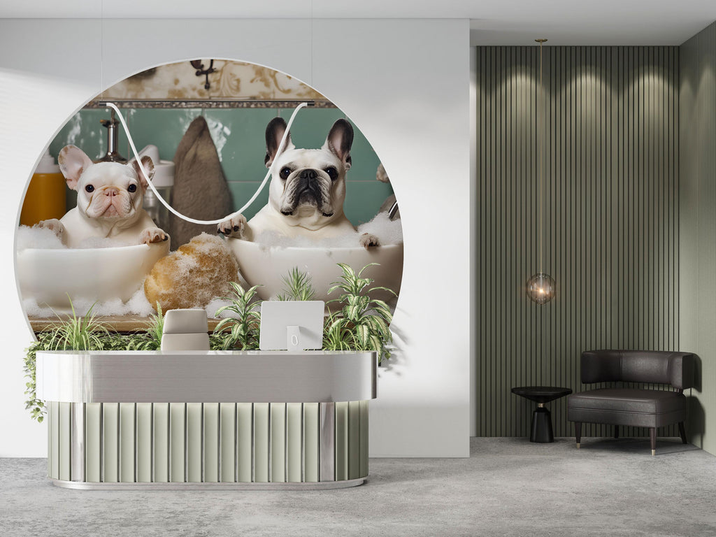 French Bulldog Grooming Wallpaper With Funny Dogs In Bubble Bath Bowls | Cute Dog Spa Wall Mural | Groomer Decor Gift For Pet Salon