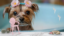 Load image into Gallery viewer, Yorkie Dog Grooming Spa Wallpaper With Cute Floral Bath Scene | Pet Salon Wall Mural For Groomers Pretty Dog Decor Gift For Grooming Studio