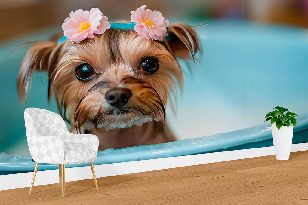 Yorkie Dog Grooming Spa Wallpaper With Cute Floral Bath Scene | Pet Salon Wall Mural For Groomers Pretty Dog Decor Gift For Grooming Studio