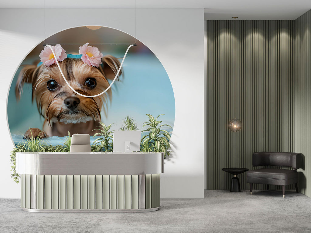 Yorkie Dog Grooming Spa Wallpaper With Cute Floral Bath Scene | Pet Salon Wall Mural For Groomers Pretty Dog Decor Gift For Grooming Studio