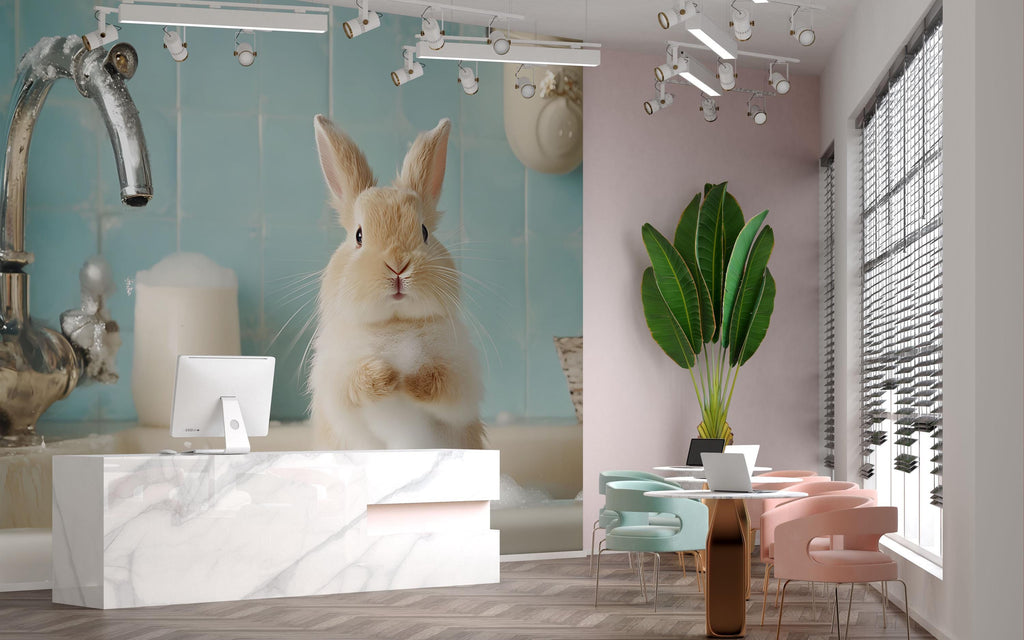 Cute Bunny Grooming Spa Wallpaper With Fluffy Rabbit In Bathtub | Adorable Animal Mural For Pet Salon Or Kids Spa | Pastel Wall Art Gift
