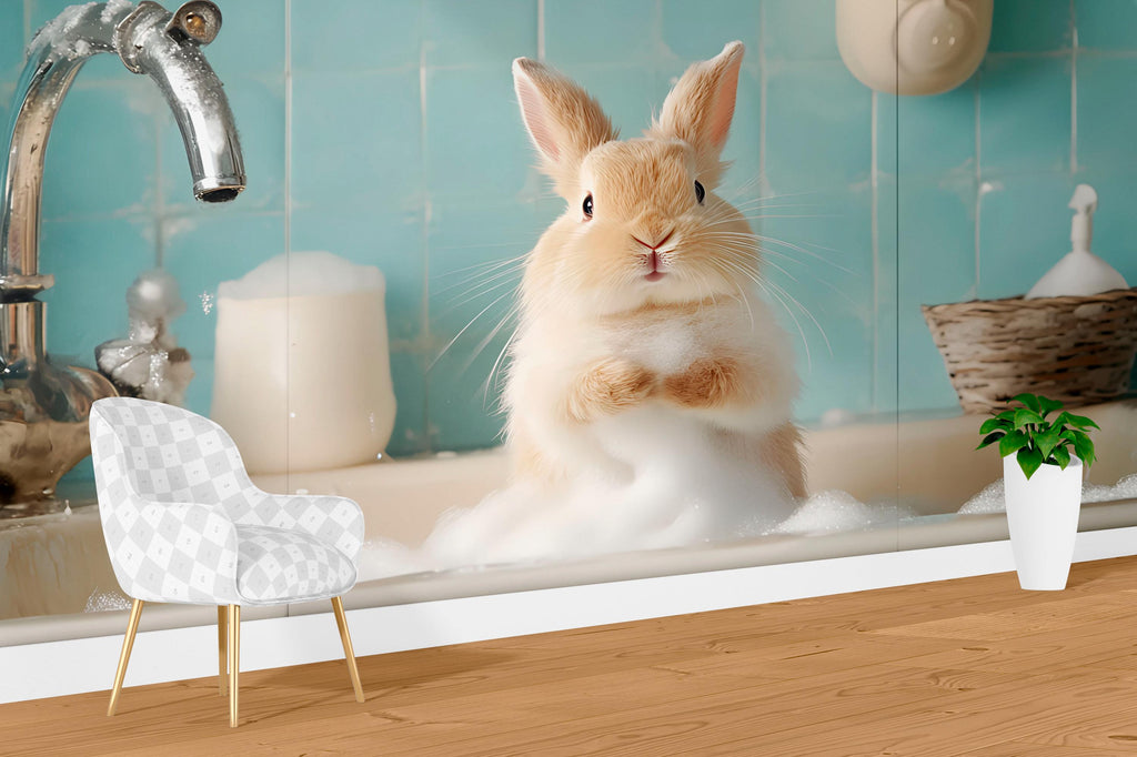 Cute Bunny Grooming Spa Wallpaper With Fluffy Rabbit In Bathtub | Adorable Animal Mural For Pet Salon Or Kids Spa | Pastel Wall Art Gift