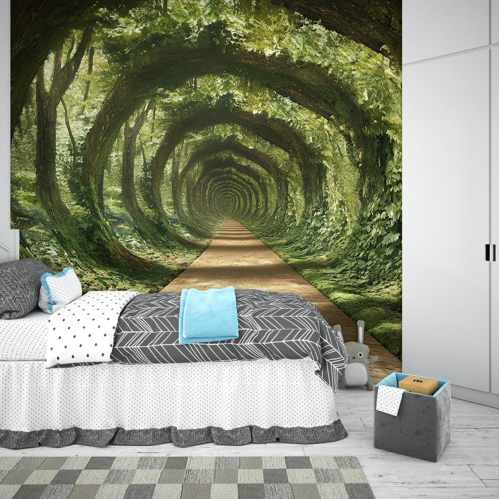 3D Forest Tunnel Bedroom Mural - Modern Nature Wall Art - Immersive Green Decor - Stylish Gift for Birthdays or Holidays