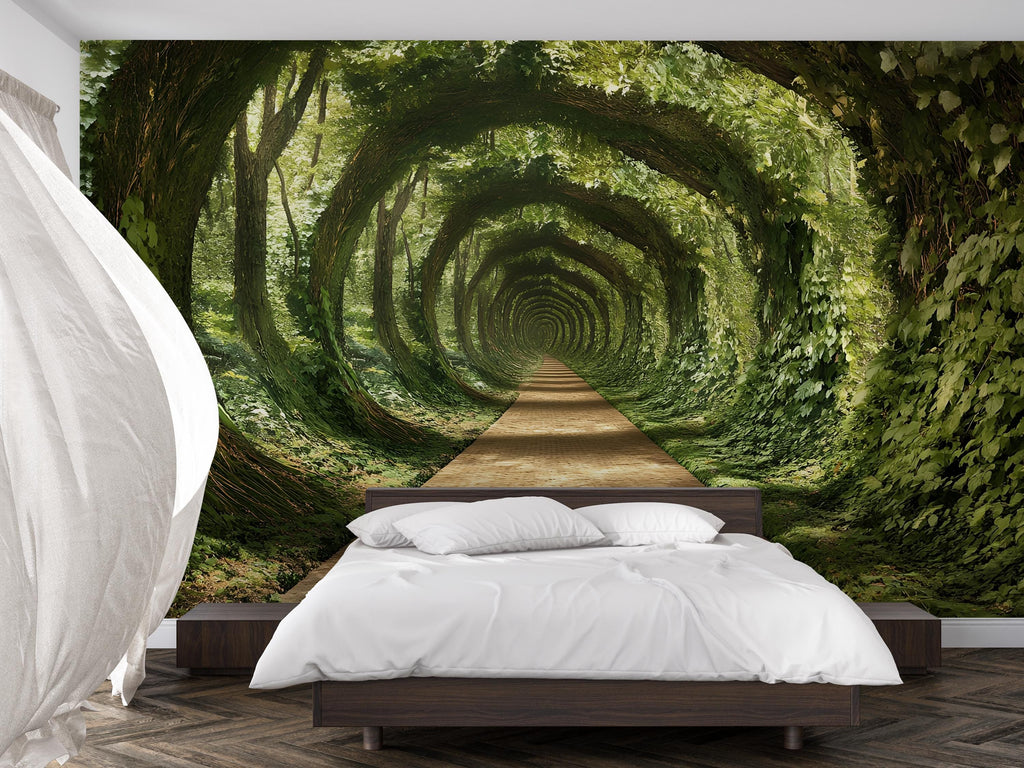 3D Forest Tunnel Bedroom Mural - Modern Nature Wall Art - Immersive Green Decor - Stylish Gift for Birthdays or Holidays