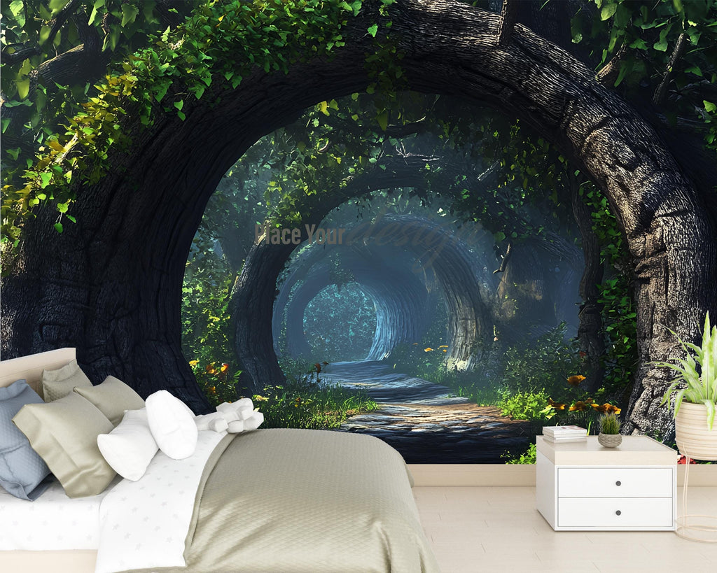 3D Enchanted Forest Tunnel Mural - Modern Nature Bedroom Wall Art - Dreamy & Stylish Decor - Unique Gift for Birthdays or Holidays