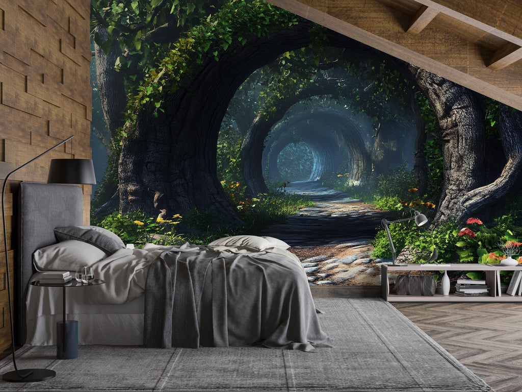 3D Enchanted Forest Tunnel Mural - Modern Nature Bedroom Wall Art - Dreamy & Stylish Decor - Unique Gift for Birthdays or Holidays